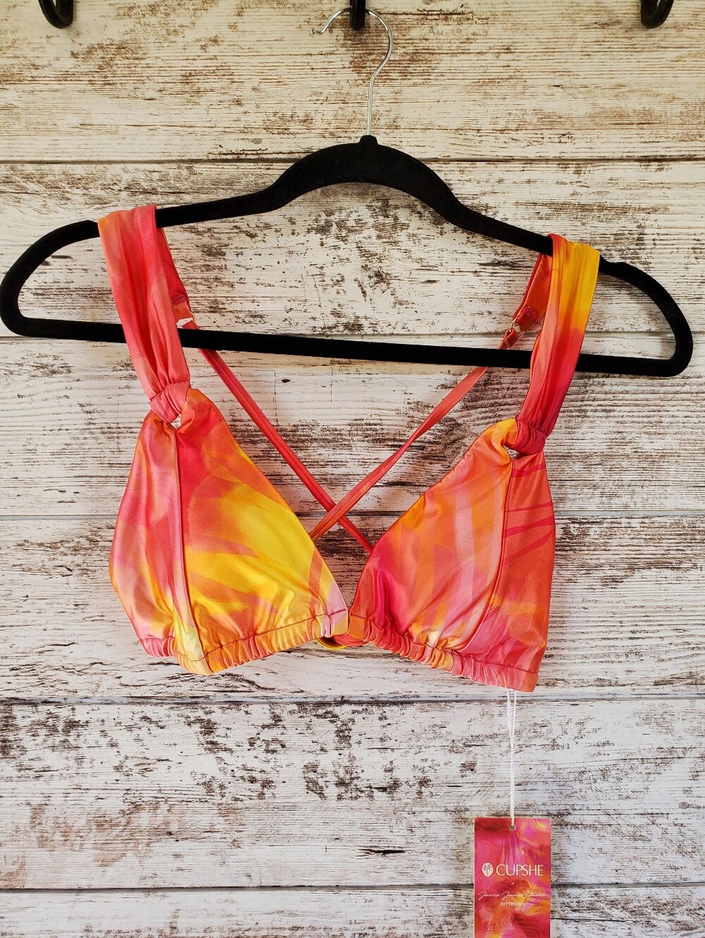 NWT Cupshe Tie-Dye Tequila Sunrise Halter Bikini Top Pink Orange